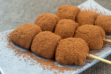 Sate Mochi coklat. Mochi is a Traditional Japanese dessert. made from glutinous rice