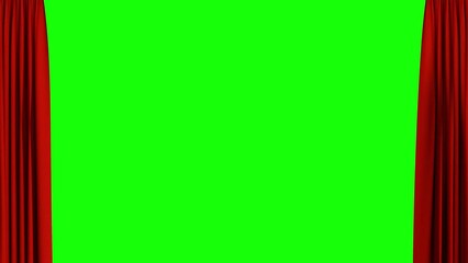 Red curtain opening with green screen background. Theater stage with red velvet curtains opening on green screen, black and white background. 3d animation