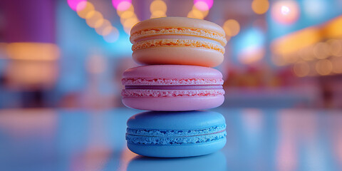 Three macaroons on a bright pink blue background