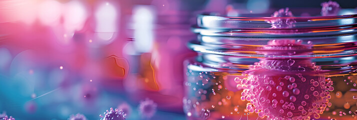 Macro closeup shot of bacteria and virus cells in a scientific laboratory petri dish,
Fruity jam jelly in jar
 - obrazy, fototapety, plakaty