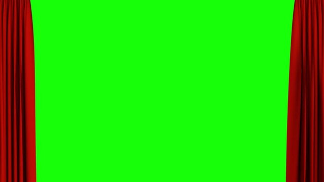 Red curtain opening with green screen background. Theater stage with red velvet curtains opening on green screen, black and white background. 3d animation