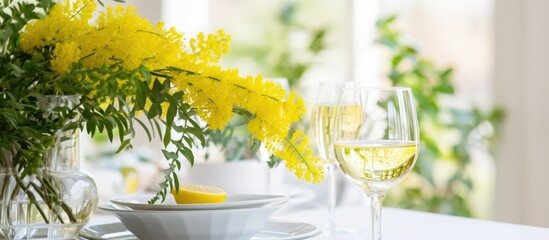 A table is adorned with a vase of yellow flowers, green leaves, and mimosa branches. A glass of wine is also present on the table, creating a beautiful springtime setting.