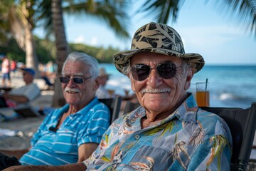 Pensioners with smiles lounge on beach, enjoying drinks and serene ocean view