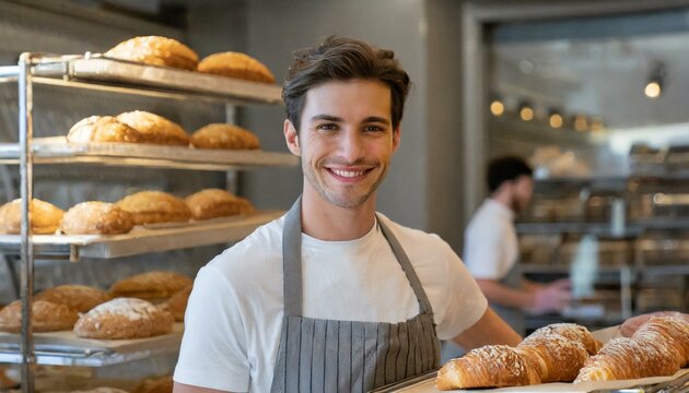 Um padeiro uniformizado em sua padaria