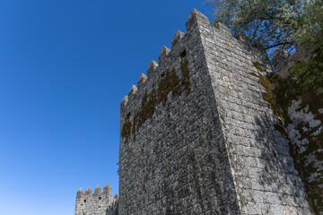Exterior view at the iconic Trancoso Castle tower and fortress facade, on Trancoso city, Guarda, Portugal