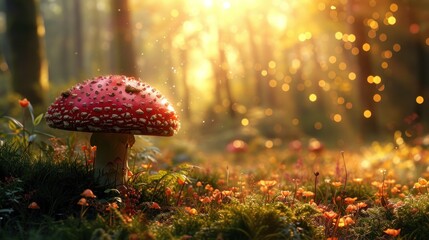 Toadstools, fairies, and enchanting creatures evoke a magical forest in spring - obrazy, fototapety, plakaty