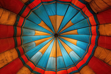 Inside interior old circus tent, round colorful striped top over stage