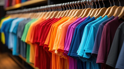 Assorted bright colorful textile simple T-shirts in clothing rack in store, selling variety of stylish, modern casual clothes hanging on hanger - obrazy, fototapety, plakaty