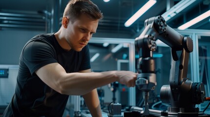 Fototapeta na wymiar Selective focus at male engineer in casual work attire fine-tunes the components of a sophisticated robotic arm in a high-tech manufacturing environment.