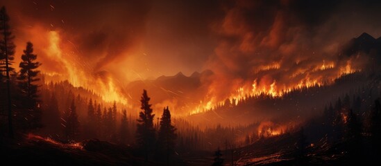 A devastating wildfire rages through a dense forest at night, with flames consuming trees and...