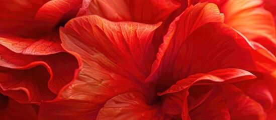 A detailed close-up view of a bright red tuberous begonia flower, showcasing its intricate petals and vibrant color. - obrazy, fototapety, plakaty