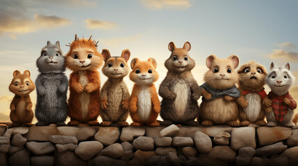 3d cartoon group of squirrels with smiling face isolated in white background