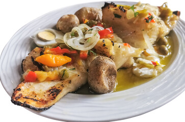 View of a typical Portuguese dish, named Bacalhau à Lagareiro, grilled cod fish, potato, egg, onions, green and red peppers and garlic, with olive oil, white background