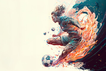 Abstract soccer player kicking a soccer ball with splashing of orange, blue, and red colors surrounding him on white light white background. Copy space for text or design - obrazy, fototapety, plakaty