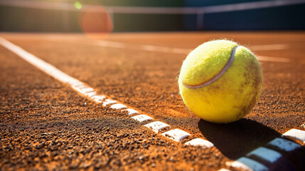 Sunlit Tennis Ball on Clay Court, Close-up of a tennis ball on the clay court with white line and sun flare