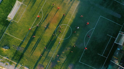 Aerial View of a Football Match in Progress Top-down shot of players engaging in a soccer game on a...