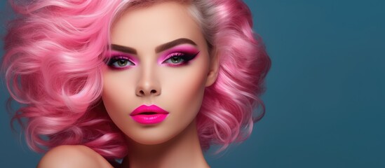 A fashion model, a woman with pink hair, and vibrant pink lipstick stands out in this portrait. Her glamourous look features flawless makeup, emphasizing her beauty and style.