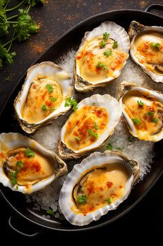 Baked cheese oysters in a black iron tray. Vertical, top view