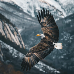 Naklejka premium Majestic Bald Eagle Soaring Over Snowy Mountain Landscape