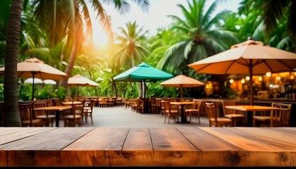 Top of wooden table on blur background with palm tree, jungle or tropical cafe, coffee shop, bar or restaurant. Using for mock up template for display of your design created with generative ai	