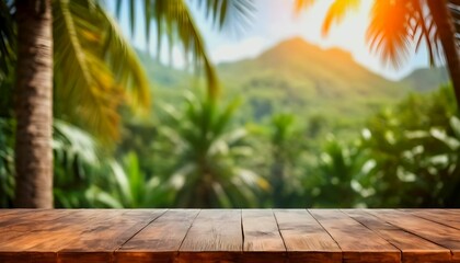 Top of wooden table on blur background with palm tree, jungle or tropical cafe, coffee shop, bar or restaurant. Using for mock up template for display of your design created with generative ai	 - obrazy, fototapety, plakaty