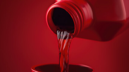 Close-up red plastic can pouring petrol.