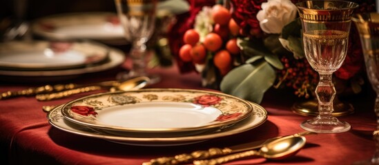 Fototapeta na wymiar A detailed shot capturing a table set for a dinner party, featuring a vibrant red tablecloth and luxurious gold plateware. The setting exudes sophistication and elegance, perfect for a special