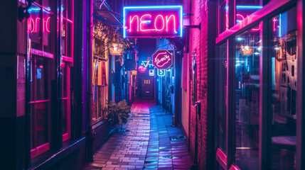 Neon Lights in Urban Alley, neon sign with text saying "neon" - Powered by Adobe