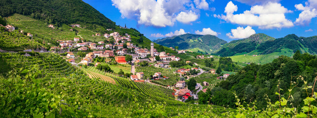 famous wine region in Treviso, Italy. Valdobbiadene hills and vineyards on the famous prosecco wine route. - obrazy, fototapety, plakaty