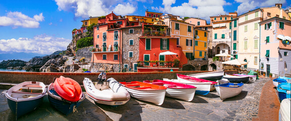 Italy travel, Liguria region. Scenic colorful traditional village Tellaro with old fishing boats. la Spezia province. - 749021195