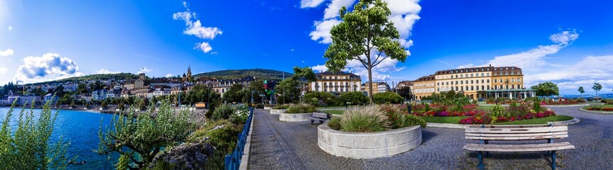 Switzerland . scenic Neuchatel town, lake and canton. Swiss travel destinations.