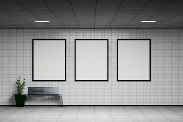 blank poster in public place. Circle light box mockup on underground subway station. Mock up empty billboard, poster media template advertisement displays underground subway station.3D rendering.
