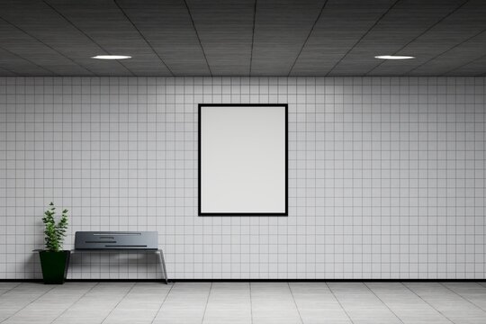 blank poster in public place. Circle light box mockup on underground subway station. Mock up empty billboard, poster media template advertisement displays underground subway station.3D rendering.