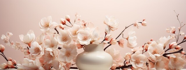 peach pink flowers with leaves in a vase