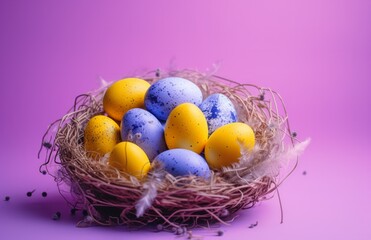 eggs in basket on yellow background