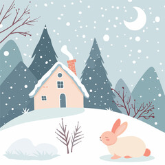 Fototapeta na wymiar Winter landscape with bunny and small house. Snowy b