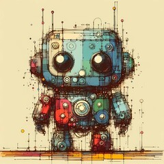 Minimalist painting of sci-fi cute robot ,  pen and ink sketch.
