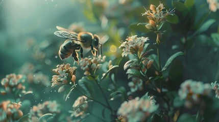 A close up view of a bee delicately pollinating a bright, colorful flower. - obrazy, fototapety, plakaty