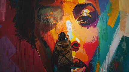 A man passionately paints a vibrant mural on a wall, bringing color and creativity to the urban...