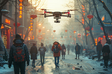 Obraz premium Urban drone monitoring city traffic and pedestrian safety.