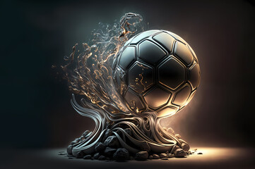 Abstract metallic soccer ball trophy on fire surrounded by smoke on black background