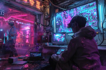 A man is seated at a computer desk in a room illuminated by vibrant neon lights, lost in a world of digital creativity and innovation. - obrazy, fototapety, plakaty