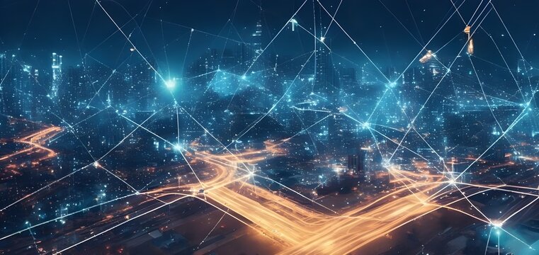 Digital world map with connection lines against night cityscape background. 3D rendering Smart City Concept. Global network connection.