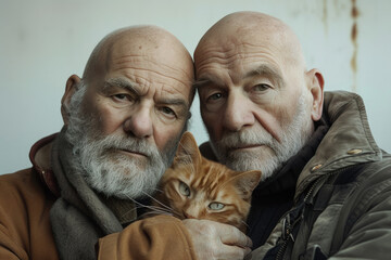 Dos hermanos de sesenta años calvos con sus gatos en las manos - obrazy, fototapety, plakaty