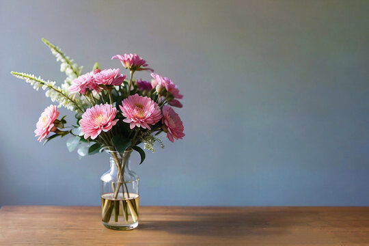 Glass jar with pink chrysanthemums and white inflorescences and lupine on wooden surface against gray wall.  AI generative...