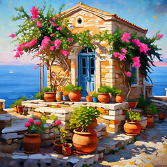 Fototapeta na wymiar Traditional Mediterranean stone house surrounded by terracotta pots, flower pots with various oleander, begonia, chrysanthemum in Aegean islands across to sea