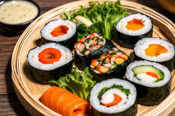 A variety of sushi on a woven bamboo plate. AI generative...