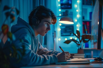 Amid colorful ambient light, a student diligently takes notes suggesting focus and determination in a cozy study environment - obrazy, fototapety, plakaty