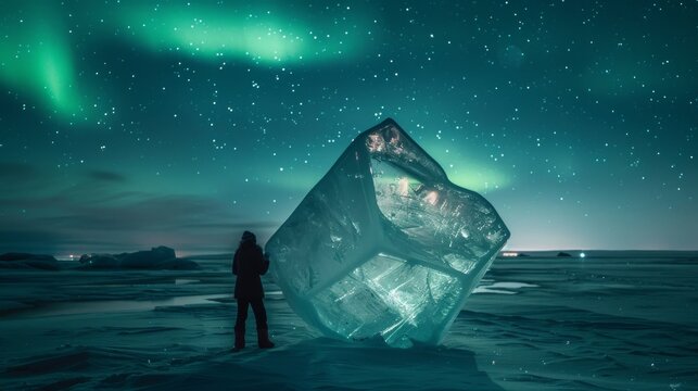 An awe-inspiring image captures a huge ice cube set against the dramatic backdrop of the northern lights