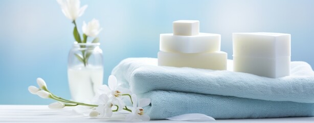 Fototapeta na wymiar white soap and towels on a white table